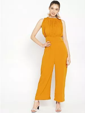 Women Mustard Yellow Solid Basic Jumpsuit