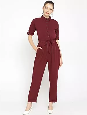 Women Burgundy Solid Basic Jumpsuit