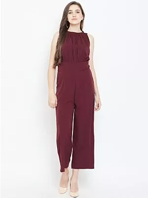 Women Burgundy Solid Basic Jumpsuit