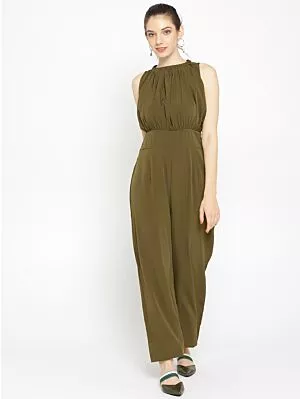 Women Olive Green Solid Basic Jumpsuit
