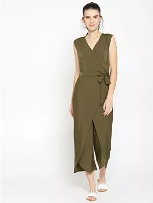 Women Olive Green Solid Layered Basic Jumpsuit