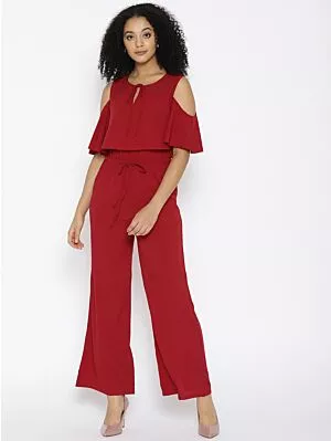 Maroon Layered Cold-Shoulder Jumpsuit