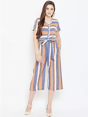 Women Blue & Orange Striped Culotte Jumpsuit