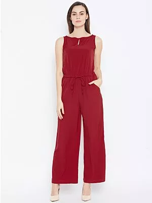 Women Maroon Solid Basic Jumpsuit