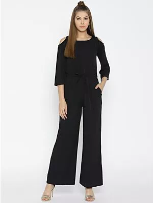 Black Solid Cold-Shoulder Jumpsuit