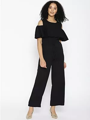 Black Solid Cold-Shoulder Jumpsuit
