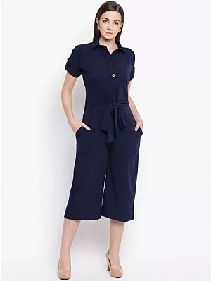 Women Navy Blue Solid Culotte Jumpsuit