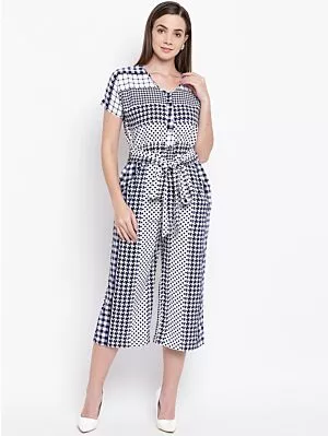 Women White & Navy Blue Printed Culotte Jumpsuit