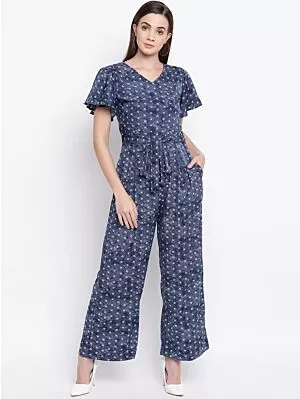 Women Navy Blue & White Printed Basic Jumpsuit