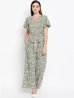 Women Off-White & Olive Green Printed Basic Jumpsuit