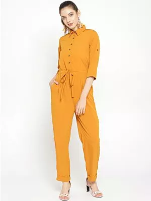 Women Mustard Yellow Solid Basic Jumpsuit
