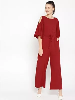 Women Maroon Solid Basic Jumpsuit