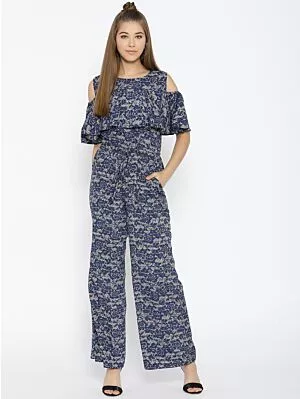 Women Blue & Grey Printed Basic Jumpsuit