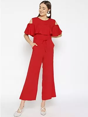 Women Red Solid Basic Jumpsuit