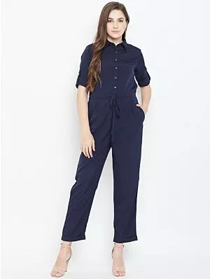 Women Navy Blue Solid Basic Jumpsuit