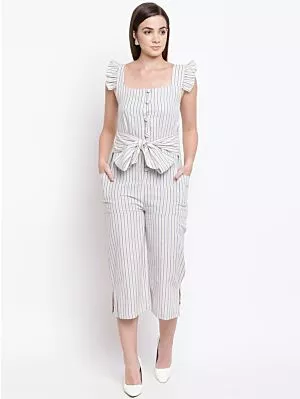Women Off-White & Blue Striped Culotte Jumpsuit