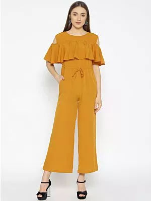 Women Mustard Yellow Solid Basic Jumpsuit