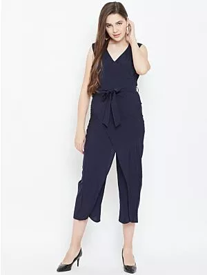 Women Navy Blue Solid Culotte Jumpsuit