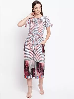 Women White & Blue Striped Culotte Jumpsuit