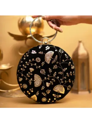 Women Black And Golden Embroidery Round Clutch