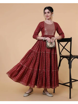 Women Maroon Embellished Flared Anarkali Long Kurta
