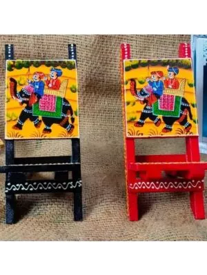 Wooden Rajasthani Art Work Beautiful Handcrafted Folding Handmade Wooden Small Chair Mobile Stand