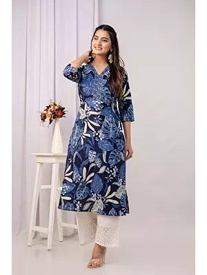 Blue Printed Straight Kurta for Girls Casual Wear