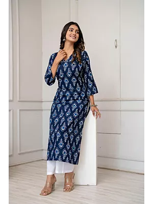 Women Navy Blue Printed Straight Kurta 
