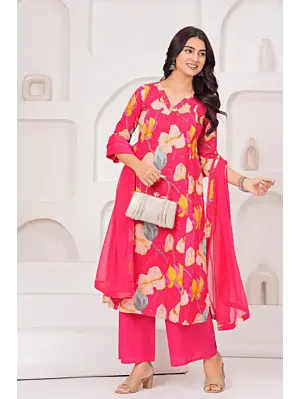 Pink Printed Straight Kurta Set With Dupatta for Women