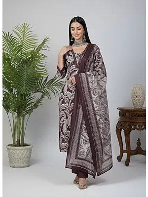 Burgundy Printed Straight Kurta Set With Dupatta for Women