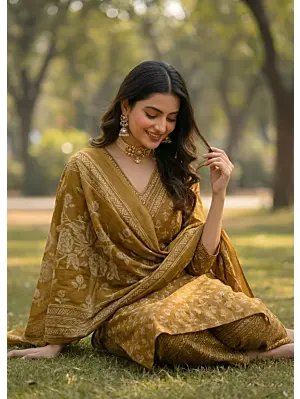 Ochre Yellow Printed Straight Kurta Set With Dupatta for Women