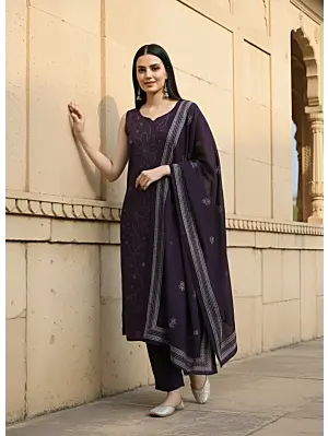 Purple Printed Straight Kurta Set With Dupatta for Women