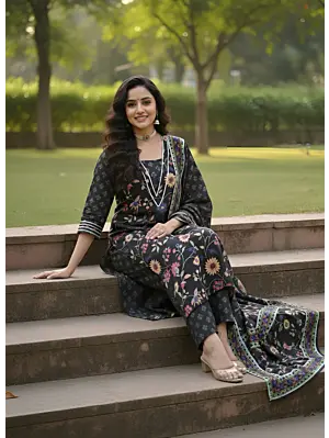 Black Floral Printed Straight Kurta Set With Dupatta for Women