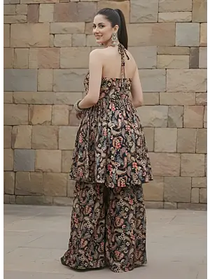 Black Printed Flared Kurta With Sharara for Women