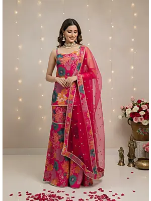 Magenta Printed Straight Kurta Set With Dupatta for Women