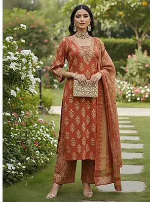 Rust Printed Straight Kurta Set With Dupatta for Women