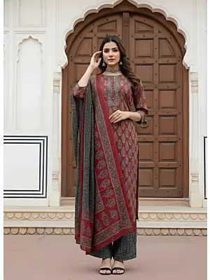 Maroon & Black Printed Straight Kurta Set With Dupatta for Women