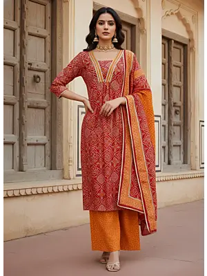 Red Printed Straight Kurta Set With Dupatta for Women
