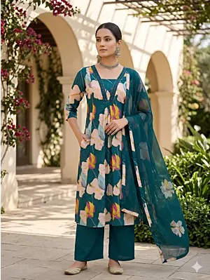 Teal Blue Printed Anarkali Kurta Set With Dupatta for Women