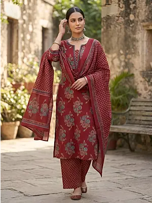 Maroon Printed Straight Kurta Set With Dupatta for Women
