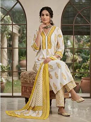White Printed Anarkali Kurta Set With Dupatta for Women