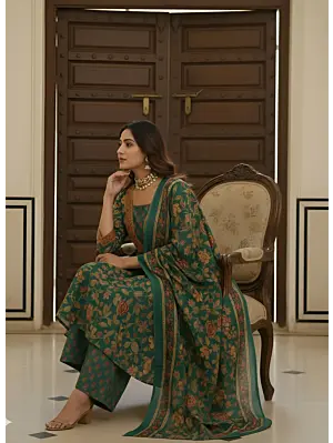Green Printed Flared Kurta Set With Dupatta for Women