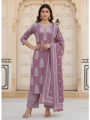Mauve Printed Straight Kurta Set With Dupatta for Women