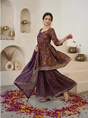 Purple Printed Peplum Kurta Set With Dupatta for Women