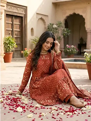 Rust Printed Anarkali Kurta Set With Dupatta for Women