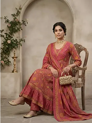 Pink Printed Anarkali Kurta Set With Dupatta for Women