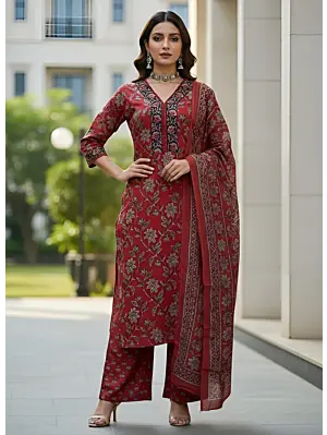 Maroon Printed Straight Kurta Set With Dupatta for Women