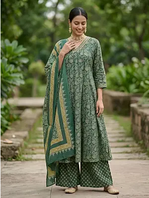 Green A-Line Kurta Set With Dupatta for Women