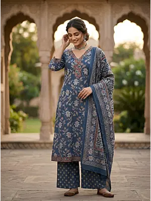 Navy Blue Printed A-Line Kurta Set With Dupatta for Women