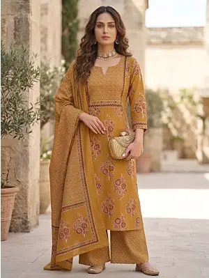 Mustard Printed Straight Kurta Set With Dupatta for Women